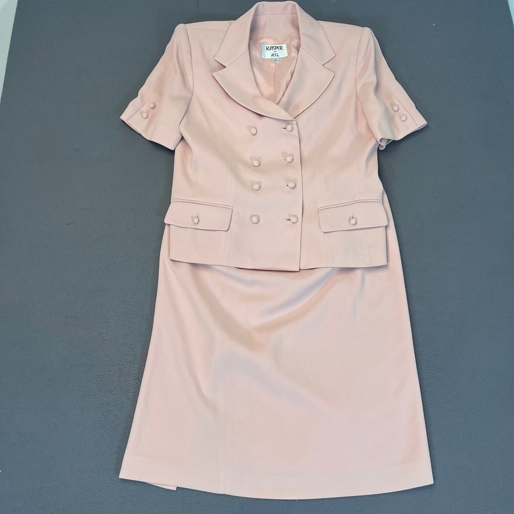 Kasper for ASL Pink Skirt Suit Set Vintage Double Breasted Short Sleeve Size 12